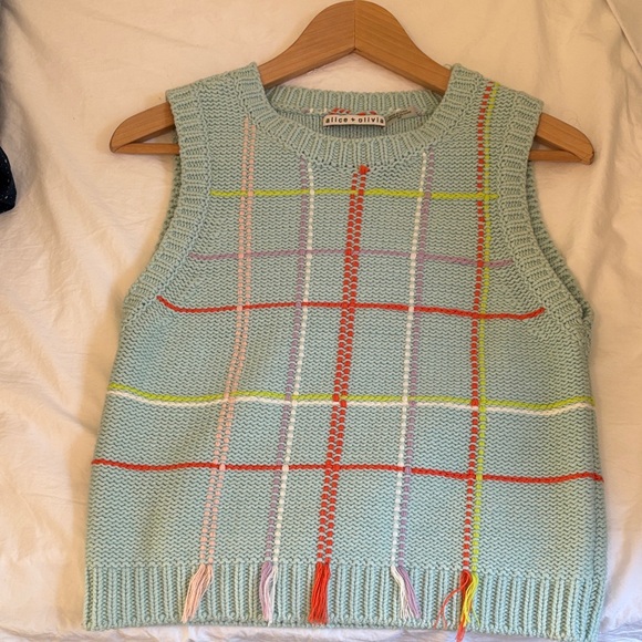 Alice + Olivia Blue Multicolor Plaid Sweater Vest size Small - Picture 12 of 13